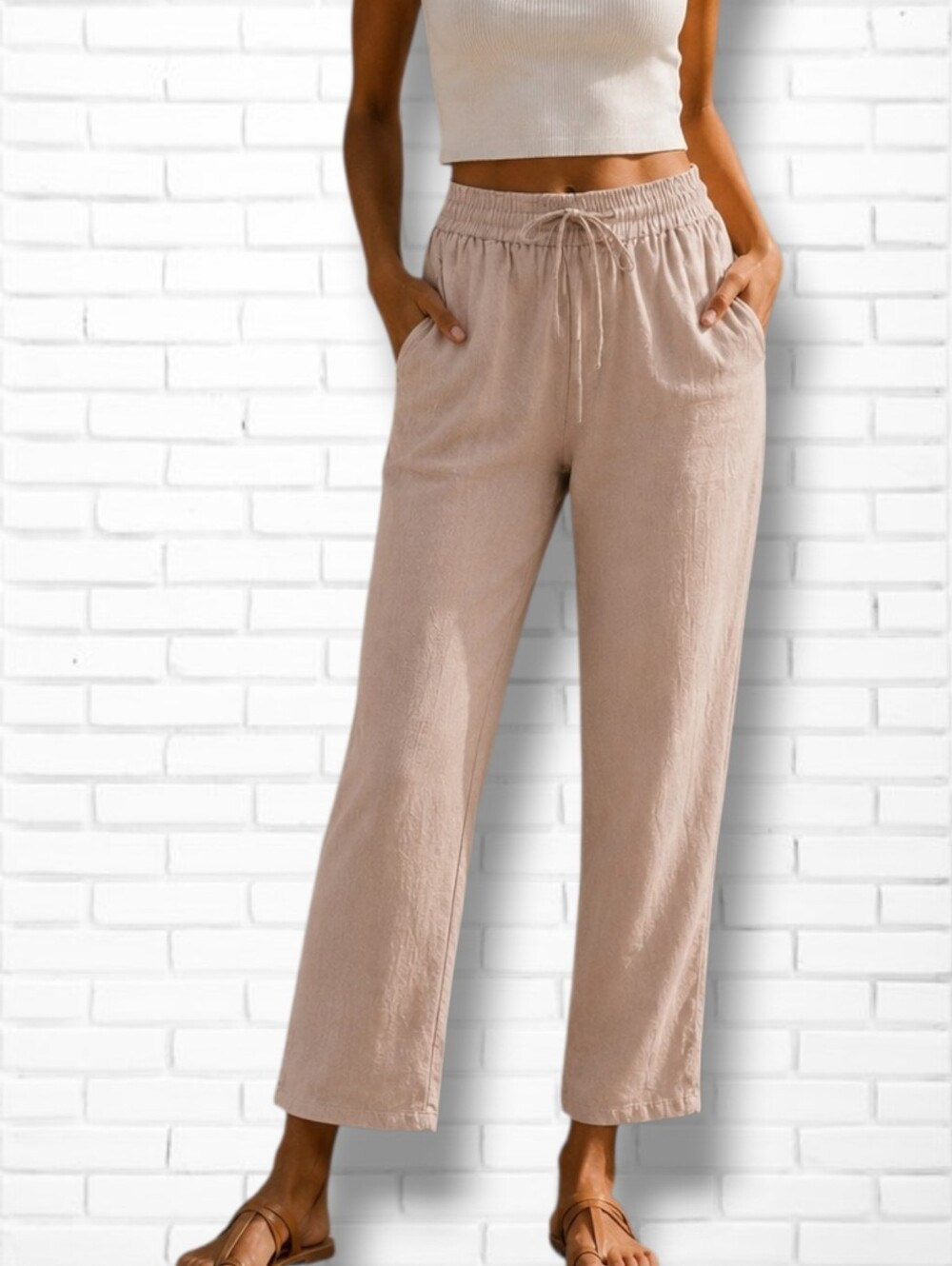 "Phillipa" Neutral Cream Linen Cotton Blend Pull On Loose Fit Pants Size M